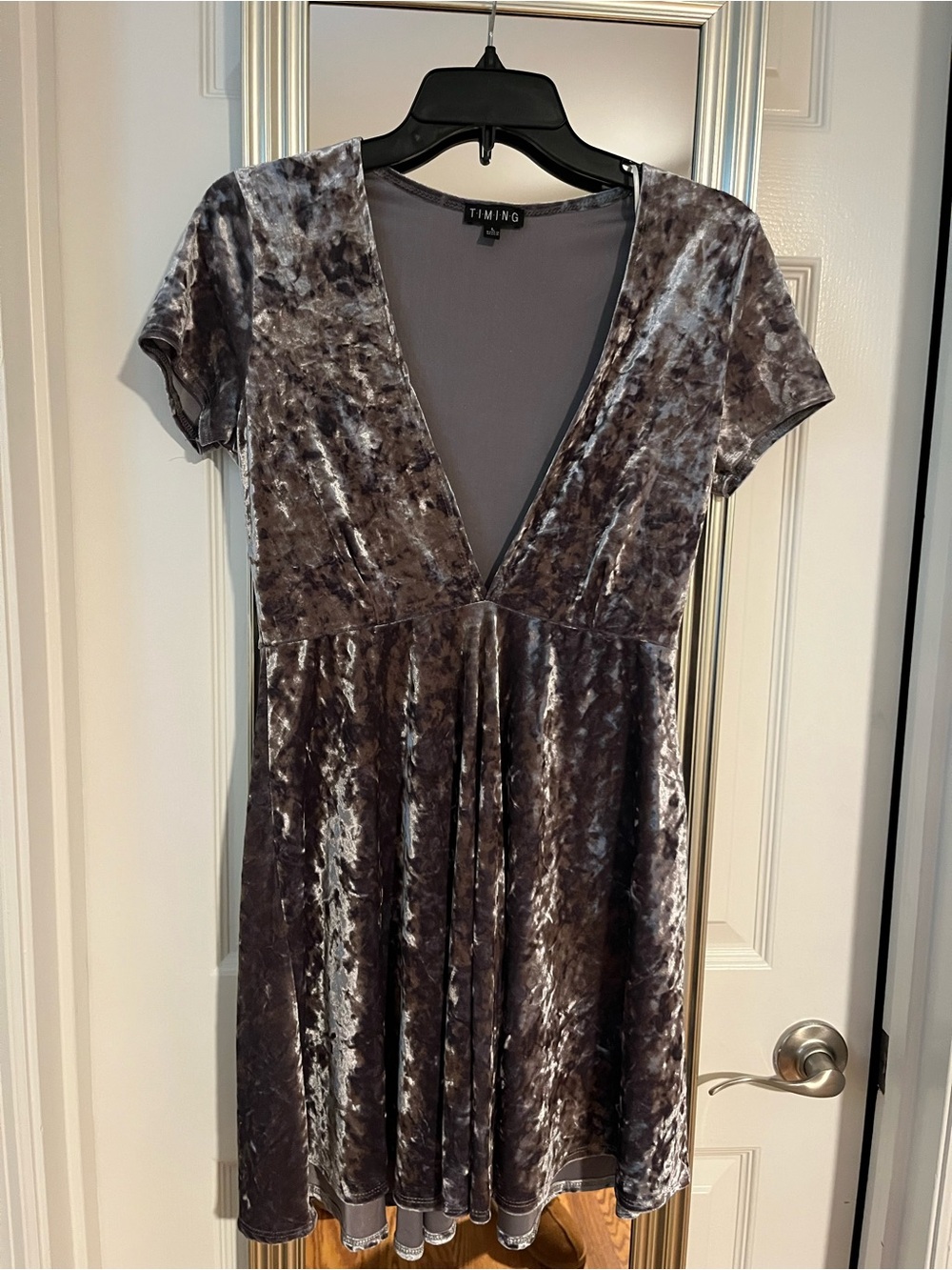Timing Charcoal Velvet V-Neck Short Sleeve Dress
